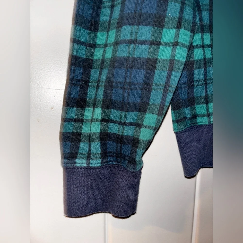 Lands' End Bedford 1/4 Rib Brush‎ Knit Green Blue Plaid Sweater Men L Dadcore